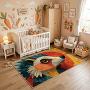 Colorful geometric owl rug styled in a bright nursery