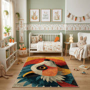 Colorful geometric owl rug shown beside a child's bed