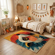 Colorful geometric owl rug centered in a cozy playroom