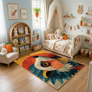 Colorful geometric owl rug displayed in a warm kids bedroom