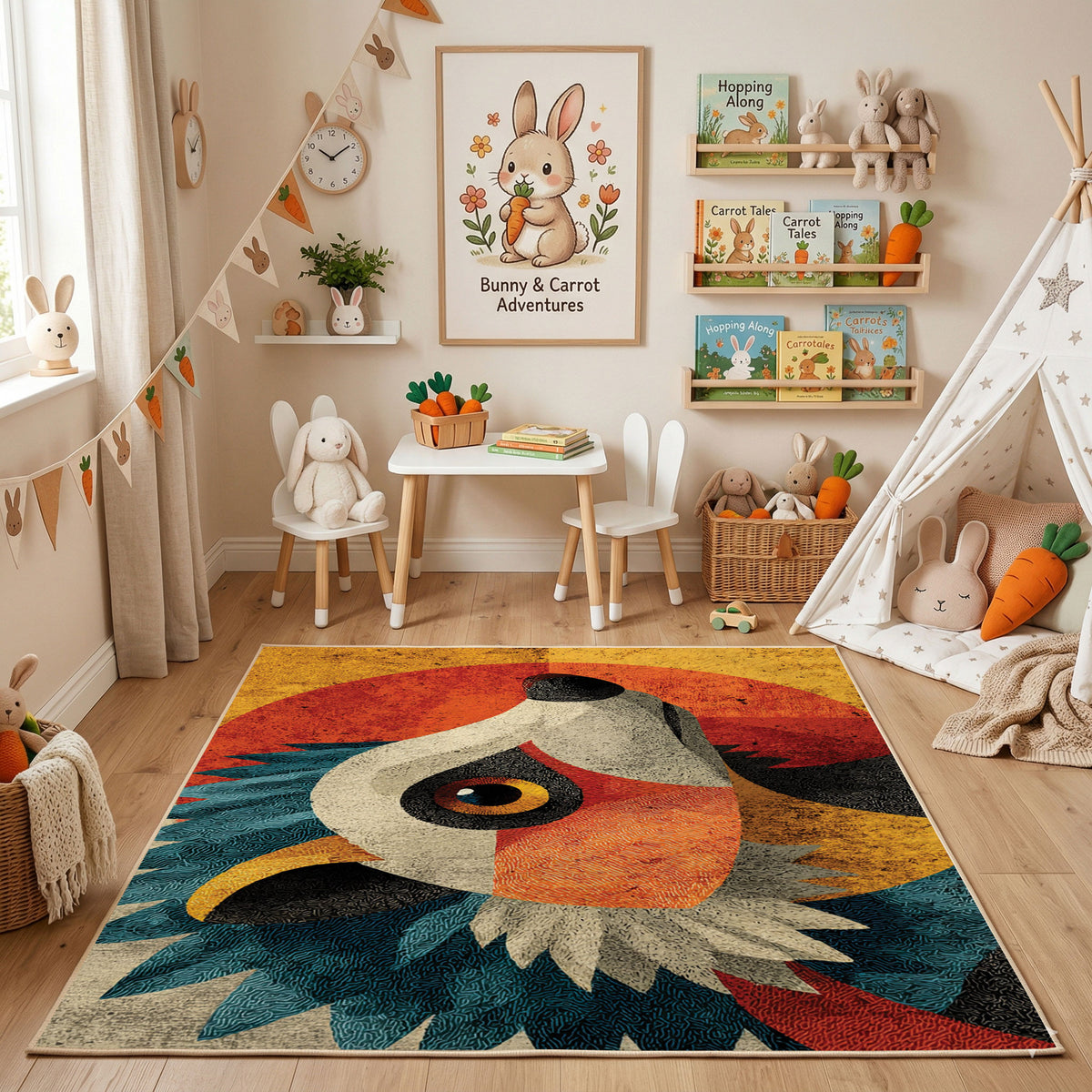 Colorful geometric owl rug angled view with wooden furniture