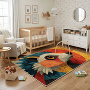 Colorful geometric owl rug shown near a reading corner