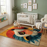 Colorful geometric owl rug displayed in a colorful play space