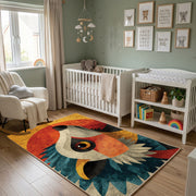 Colorful geometric owl rug wide room view in a modern nursery