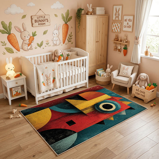 Colorful geometric owl rug styled in a bright nursery