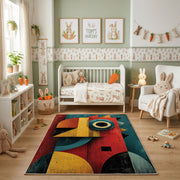 Colorful geometric owl rug shown beside a child's bed