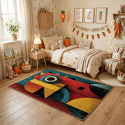 Colorful geometric owl rug centered in a cozy playroom