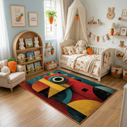 Colorful geometric owl rug displayed in a warm kids bedroom