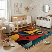Colorful geometric owl rug shown near a reading corner