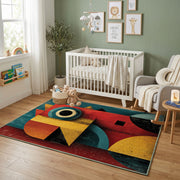 Colorful geometric owl rug displayed in a colorful play space