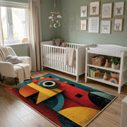 Colorful geometric owl rug wide room view in a modern nursery
