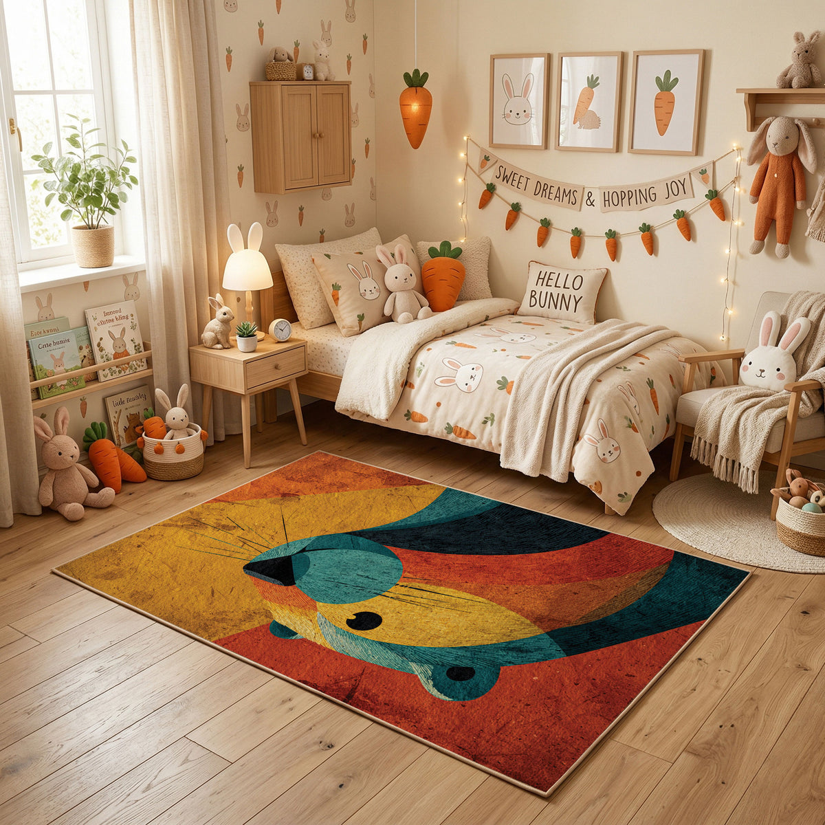 Colorful geometric whale rug centered in a cozy playroom