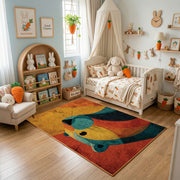 Colorful geometric whale rug displayed in a warm kids bedroom