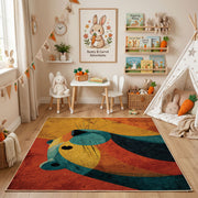 Colorful geometric whale rug angled view with wooden furniture
