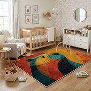 Colorful geometric whale rug shown near a reading corner