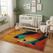 Colorful geometric whale rug displayed in a colorful play space