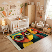 Colorful geometric owl rug styled in a bright nursery