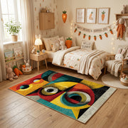 Colorful geometric owl rug centered in a cozy playroom