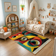 Colorful geometric owl rug displayed in a warm kids bedroom