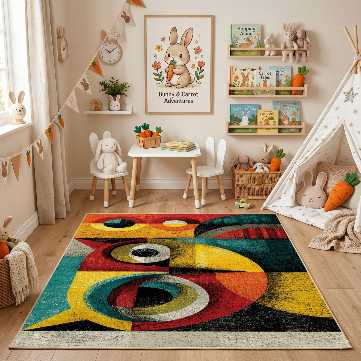 Colorful geometric owl rug angled view with wooden furniture