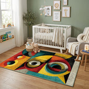 Colorful geometric owl rug displayed in a colorful play space