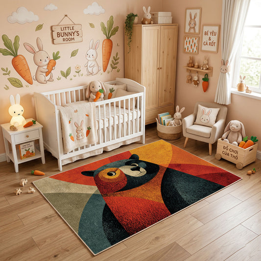 Colorful geometric woodland animal rug styled in a bright nursery