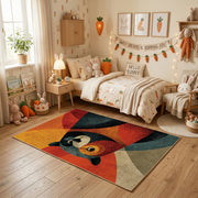 Colorful geometric woodland animal rug centered in a cozy playroom