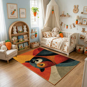 Colorful geometric woodland animal rug displayed in a warm kids bedroom
