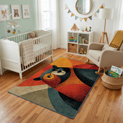 Colorful geometric woodland animal rug styled with soft nursery decor