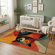 Colorful geometric woodland animal rug displayed in a colorful play space