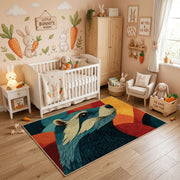 Colorful geometric wolf rug styled in a bright nursery