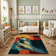 Colorful geometric wolf rug shown beside a child's bed