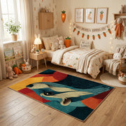 Colorful geometric wolf rug centered in a cozy playroom