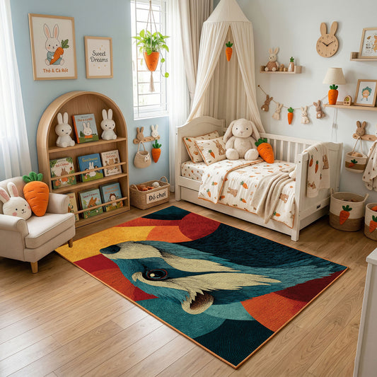 Colorful geometric wolf rug displayed in a warm kids bedroom
