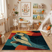 Colorful geometric wolf rug angled view with wooden furniture