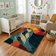 Colorful geometric wolf rug styled with soft nursery decor