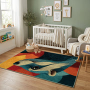 Colorful geometric wolf rug displayed in a colorful play space