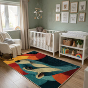 Colorful geometric wolf rug wide room view in a modern nursery