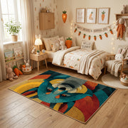 Colorful geometric raccoon rug centered in a cozy playroom