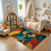 Colorful geometric raccoon rug displayed in a warm kids bedroom