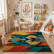 Colorful geometric raccoon rug angled view with wooden furniture