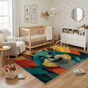 Colorful geometric raccoon rug shown near a reading corner