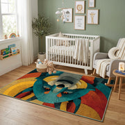 Colorful geometric raccoon rug displayed in a colorful play space