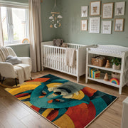 Colorful geometric raccoon rug wide room view in a modern nursery