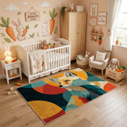 Colorful geometric fox rug styled in a bright nursery