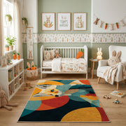 Colorful geometric fox rug shown beside a child's bed