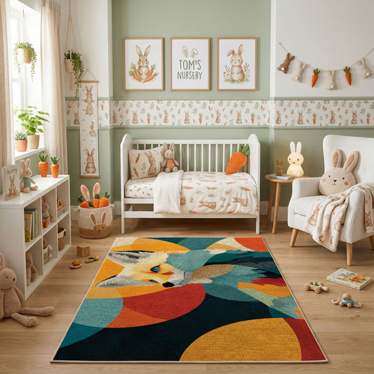 Colorful geometric fox rug shown beside a child's bed