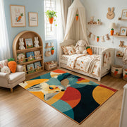 Colorful geometric fox rug displayed in a warm kids bedroom