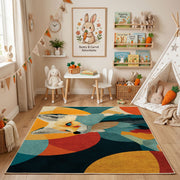 Colorful geometric fox rug angled view with wooden furniture