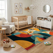 Colorful geometric fox rug shown near a reading corner